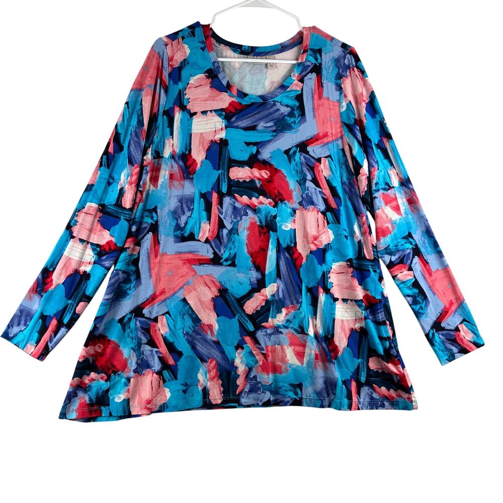 LOGO Lori Goldstein Long Sleeve Tunic Top Women's Large Stretchy Artsy Abstract